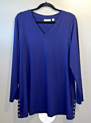 Susan Graver Button Detail V-Neck Tunic Top Womens M Blue Long Sleeve A272346