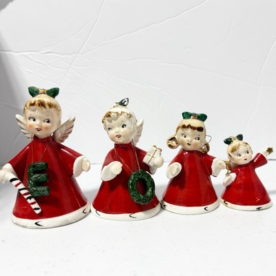 Vintage 1956 Napco Christmas Angel Girl Bell Set NOEL Ceramic FLAWS Set Of 4