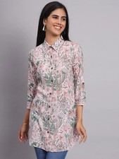Indian Women Rayon Pink  Green Floral Printed Kurta Kurti Top Shirt Tunic Dress
