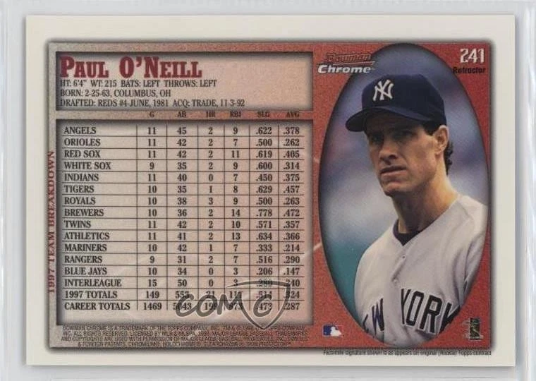 1998 Bowman Chrome Refractor Paul O'Neill #241 - Image 2 of 2