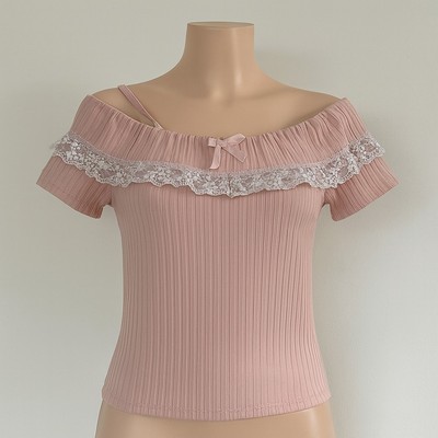Dollycore Ribbed Pink Off-Shoulder Top Lace Trim Bow Soft Girl Y2K - Size M