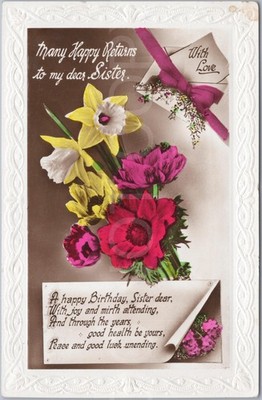 RPPC Antike Postkarte Geburtstag Schwester Blumen krank Baby Nachricht England Künstlerisch