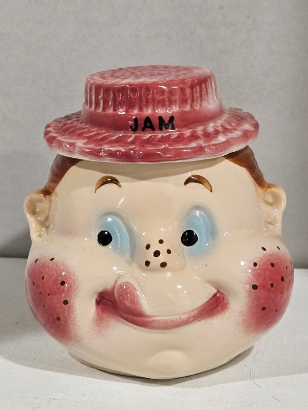 Vintage~Bisque/Porcelain Freckle Faced Boy Jam Jar with Lid~#1643~Japan