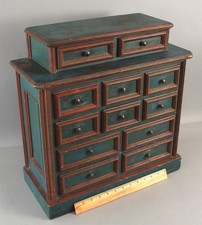 Antique Handmade Folk Art Chest of 13 Draws, Original Blue & Red Paint, NR