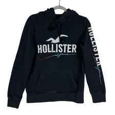 Hollister Hoodie Mens XS Black Pullover Fleece California Logo Graphic Sleeve