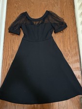 Maggy London Black Sheer Mesh Sleeve Fit Flare Midi Dress Size 2
