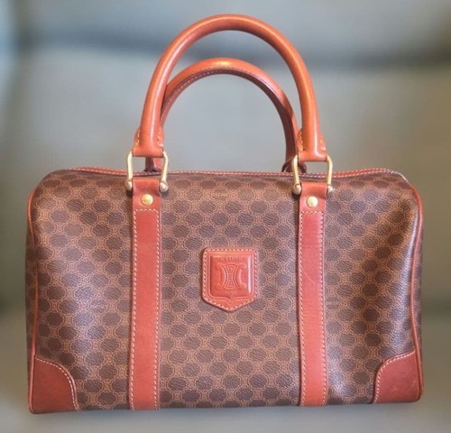 CELINE Macadam Handbag Brown Leather Trim Vintage From Japan