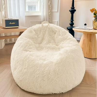 Stuffed Animal Storage Bean Bag Cover Faux Fur Plush Toy Organizer Beige