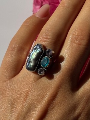 925 Sterling Silber Ring Abalone Amethyst Aquamarin Größe 6