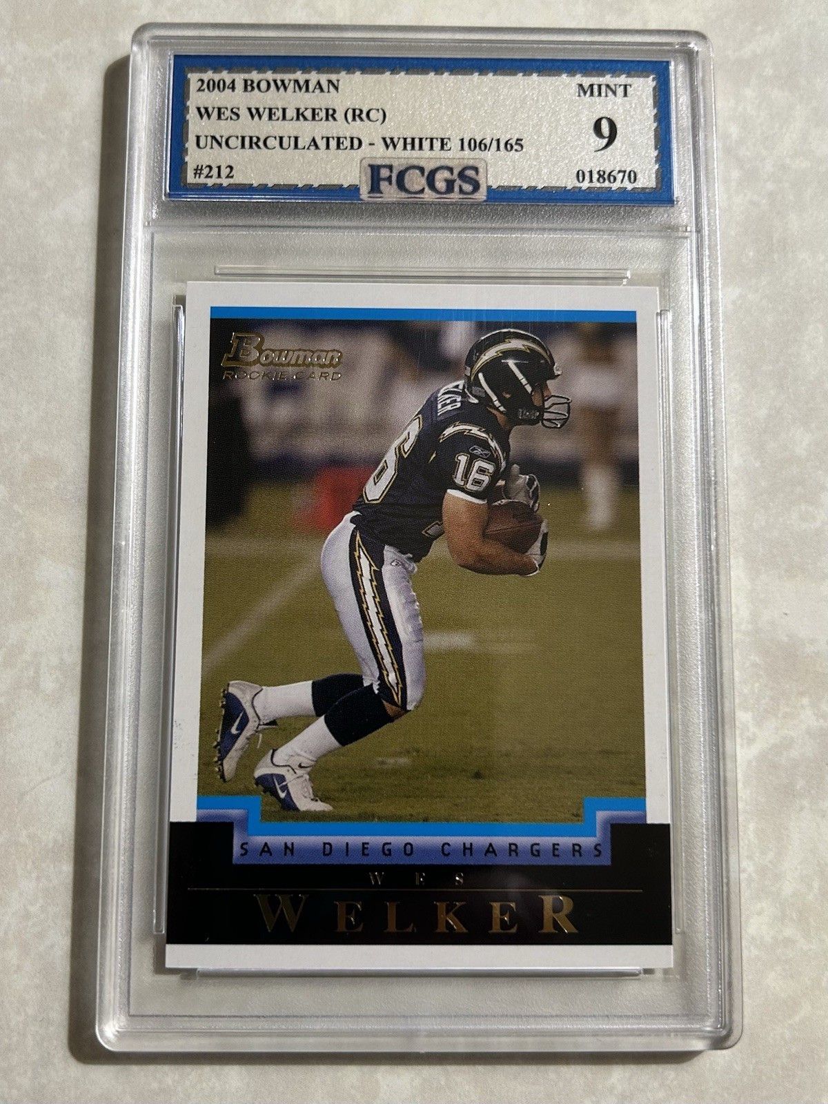 2004 Bowman #212 Wes Welker Uncirculated White RC /165 - Graded FCGS MINT 9 🔥