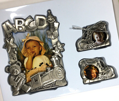 Baby Photo Frames Gift Set of 3 Brushed Silver Metal Newborn Nursery Decor Train