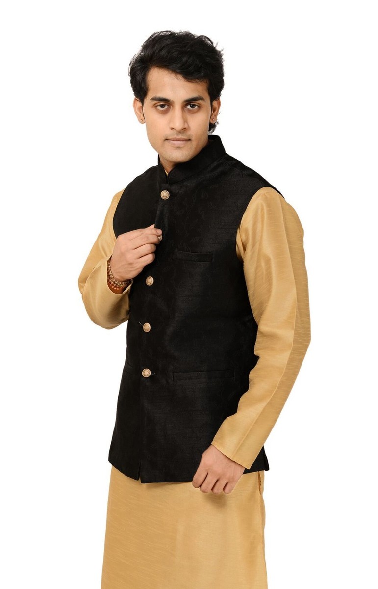 Mens Formal Blend Silk Black Floral Waistcoat Koti Jacket Wasket