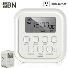 HBN 7 Day 8 On/Off Programs Heavy Duty Digital Timer Dual Outlet Programmable 