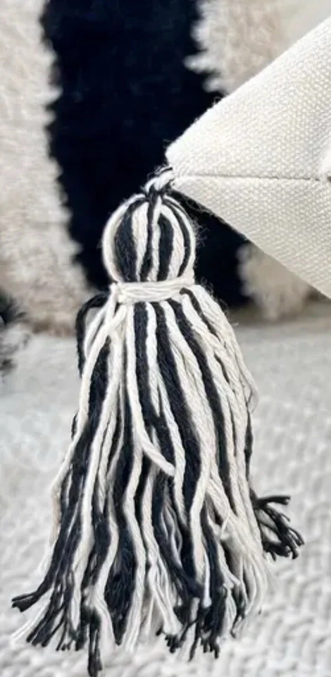 Modern Style Black And Beige Striped Pillow Covers With Tassels, 1pc, 18x18 - Image 4 of 4