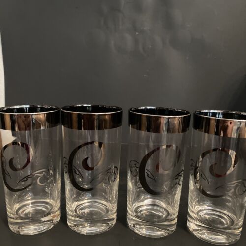 Vintage Dorothy Thorpe 'C' Monogrammed Silver Band Highball Glasses Set 4 - Picture 1 of 4