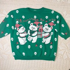 Vintage 1980s Women's L Green Kitsch Holiday Bears Cropped Sleeves Sweatshirt