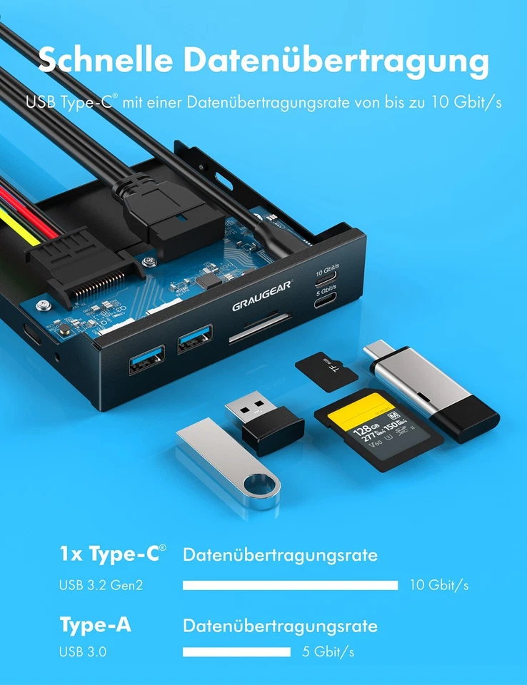 Front-Panel Kartenleser USB HUB 6-Port aus Metall in 3.5 Zoll PC Schacht - Bild 3 von 4