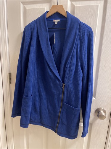 Talbots Womens XL Cardigan Sweater Open Front Blue Teal Textured Trim Long Sleev