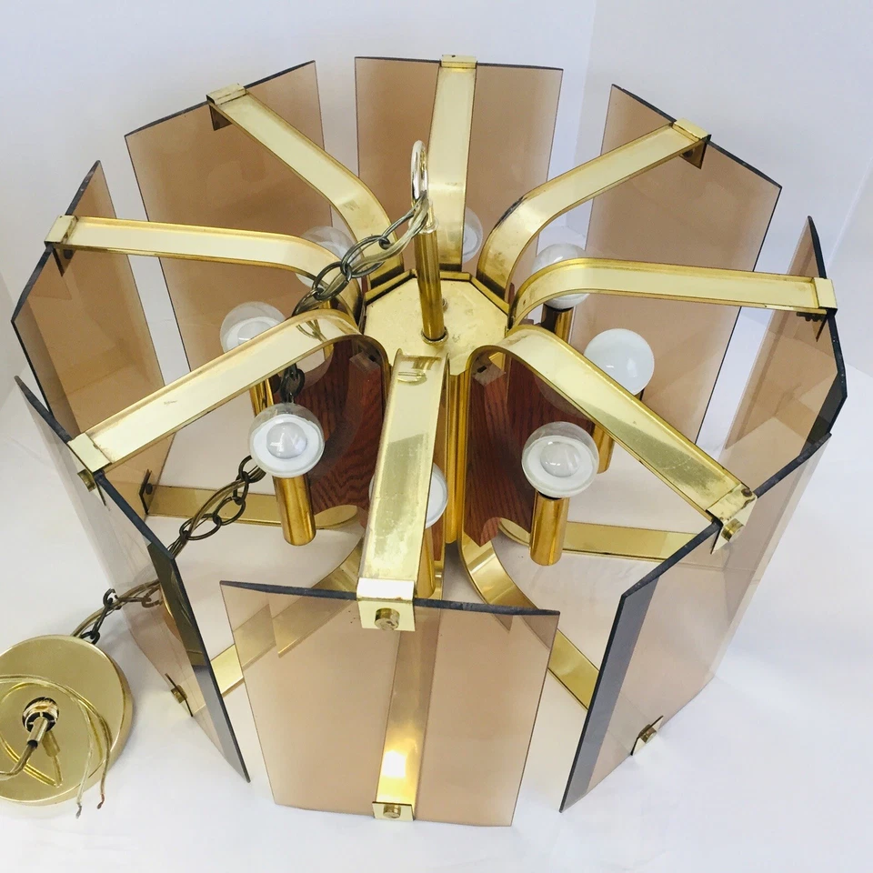 Mid Century Modern 8 Arm 17 Light Chandelier Amber Smoke Glass Oak Brass Vintage - Image 3 of 4