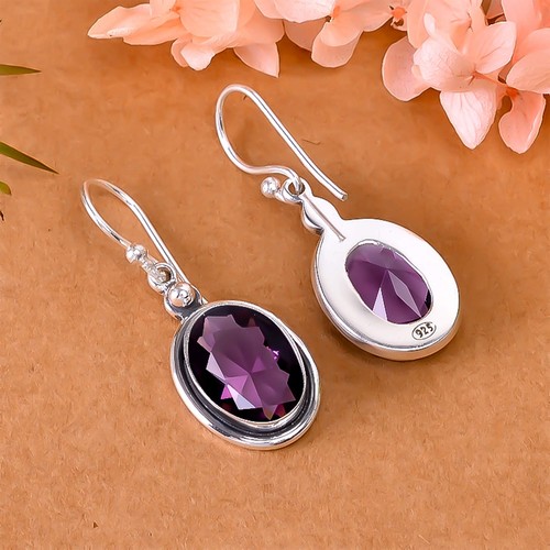 Purple Amethyst Gemstone 925 Sterling Silver Jewelry Earring, Wedding Gift - Picture 4 of 4