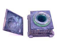 Antique Uranium Glass insert bronze inkwell very worn / damaged
