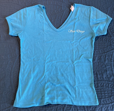 VTG 70 s 80 s , Woman s Top, Turquoise, Double V-neck, San Diego M/L