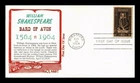 US COVER WILLIAM SHAKESPEARE FIRST DAY ISSUE KHOL KRAFT CACHET