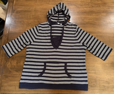 Per Se Navy Cream Stripe Hooded Sweater 2X Plus Coastal Nautical Kangaroo Pocket