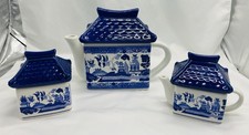 VINTAGE 6pc PAGODA BLUE WILLOW PORCELAIN TEA SET TEAPOT CREAMER SUGAR BOWL LIDS