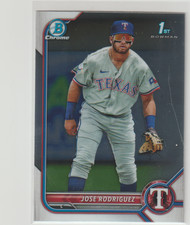 Jose Rodriguez 1st 2022 Bowman Chrome Prospect Rookie Card #BCP-62 Texas Rangers. rookie card picture
