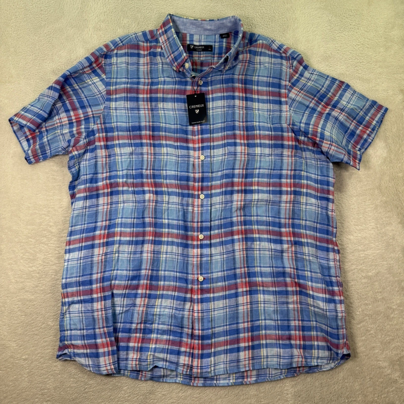 NEW Cremieux Mens XL Classics Linen Shirt Short Sleeve Plaid Button Up Casual