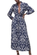 Zara Navy Blue Ivory Cream Tie Waist Puff Sleeve Maxi Shirt Dress Sz XS