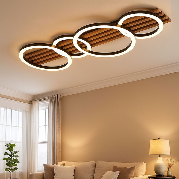 Deckenleuchte Deckenlampe Holzleuchte Esszimmerleuchte Ringe Schwarz Led L 86 Cm-image
