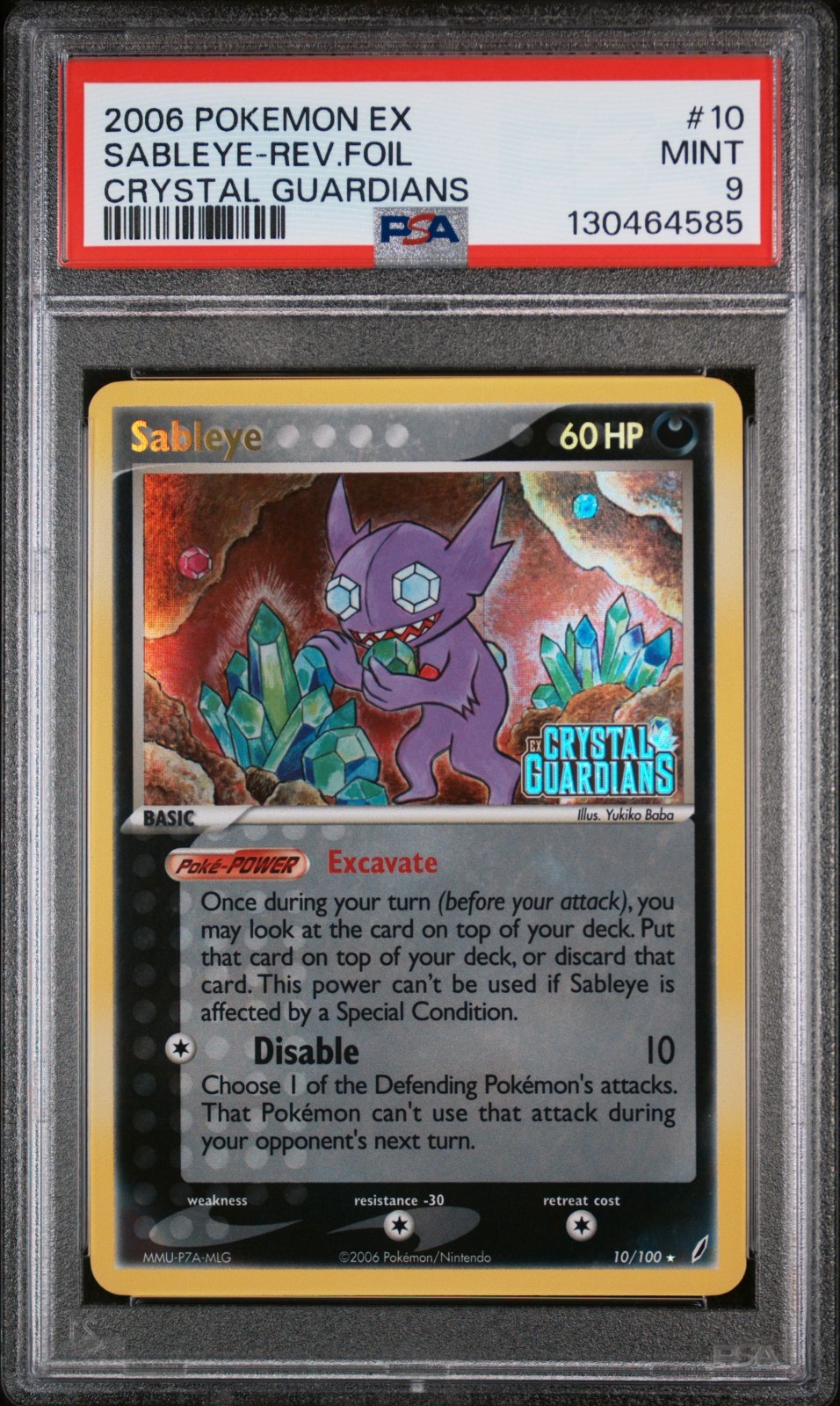 PSA 9 SABLEYE 10/100 REVERSE FOIL CRYSTAL GUARDIANS POKEMON