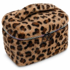 Plush Makeup Bag for Women, Leopard Print Faux Fur Travel Cosmetic Organizer,...