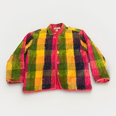 Vintage Keren Hart Sz S Multi Color Plaid Shaggy Fringe Cotton Jacket