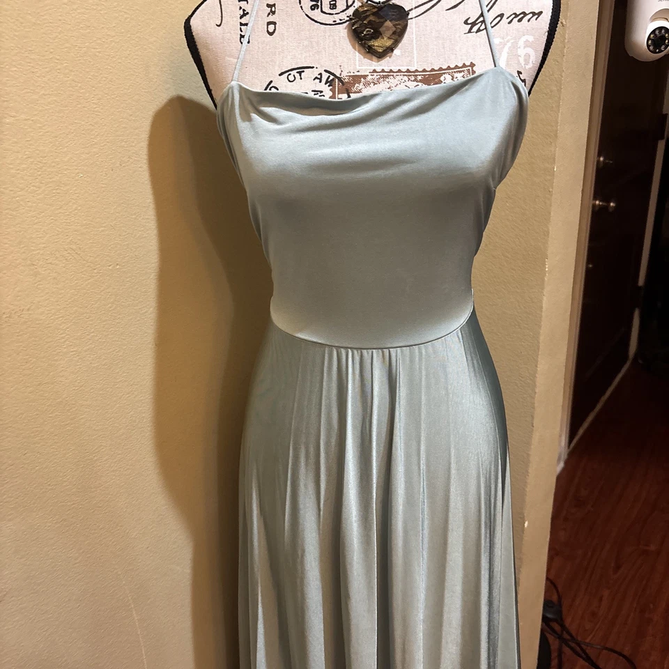 H&M Size L-XL Silk Maxi Dress Blue Sleeveless Formal Party Cocktail Gown - Image 3 of 4