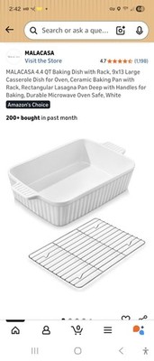 MALACASA 4.4 QT Baking Dish with Rack 9x13 Large Casserole Dish for Oven Cera...
