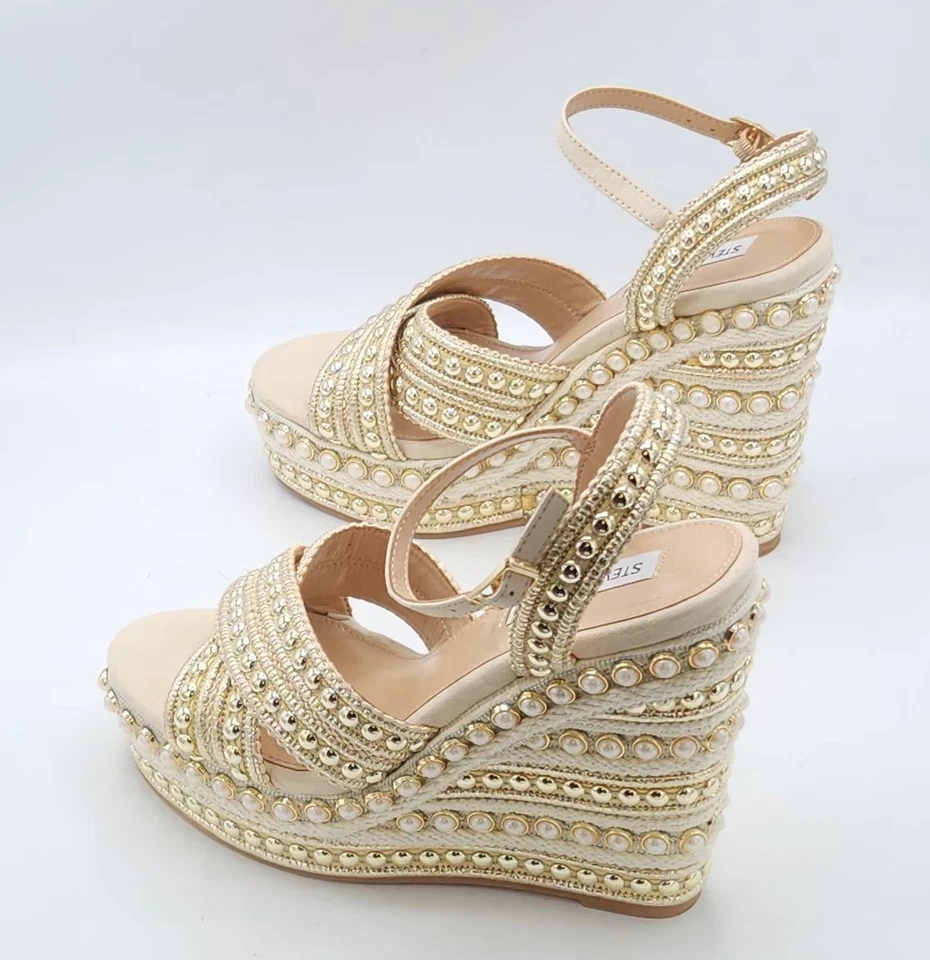 Sandalias de cuña Steve Madden Juniper plataforma perlas doradas acento talla 11 Foto 4 de 4
