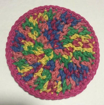 POTHOLDER / SCRUBBY  5.5''  DBL THICKNESS  ''Rainbow & Hot Pink'' 100% COTTON