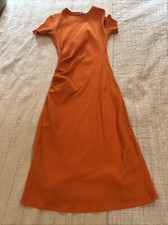 Zara Orange Ribbed Ruched Midi Bodycon Dress Small stretch