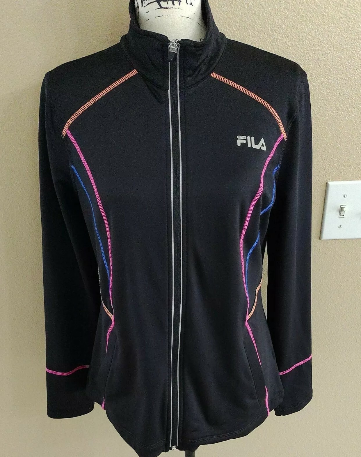 FILA SPORT Athletic Taglia L Giacca Nera Donna Riflettente Bordo Multicolore z18