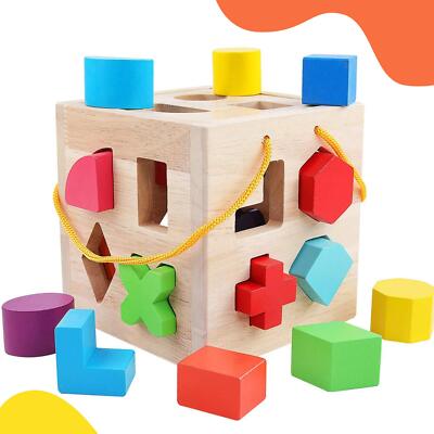 Wooden Shape Sorter Toy with 19 Blocks Natural Solid Wood for Toddlers 2-4