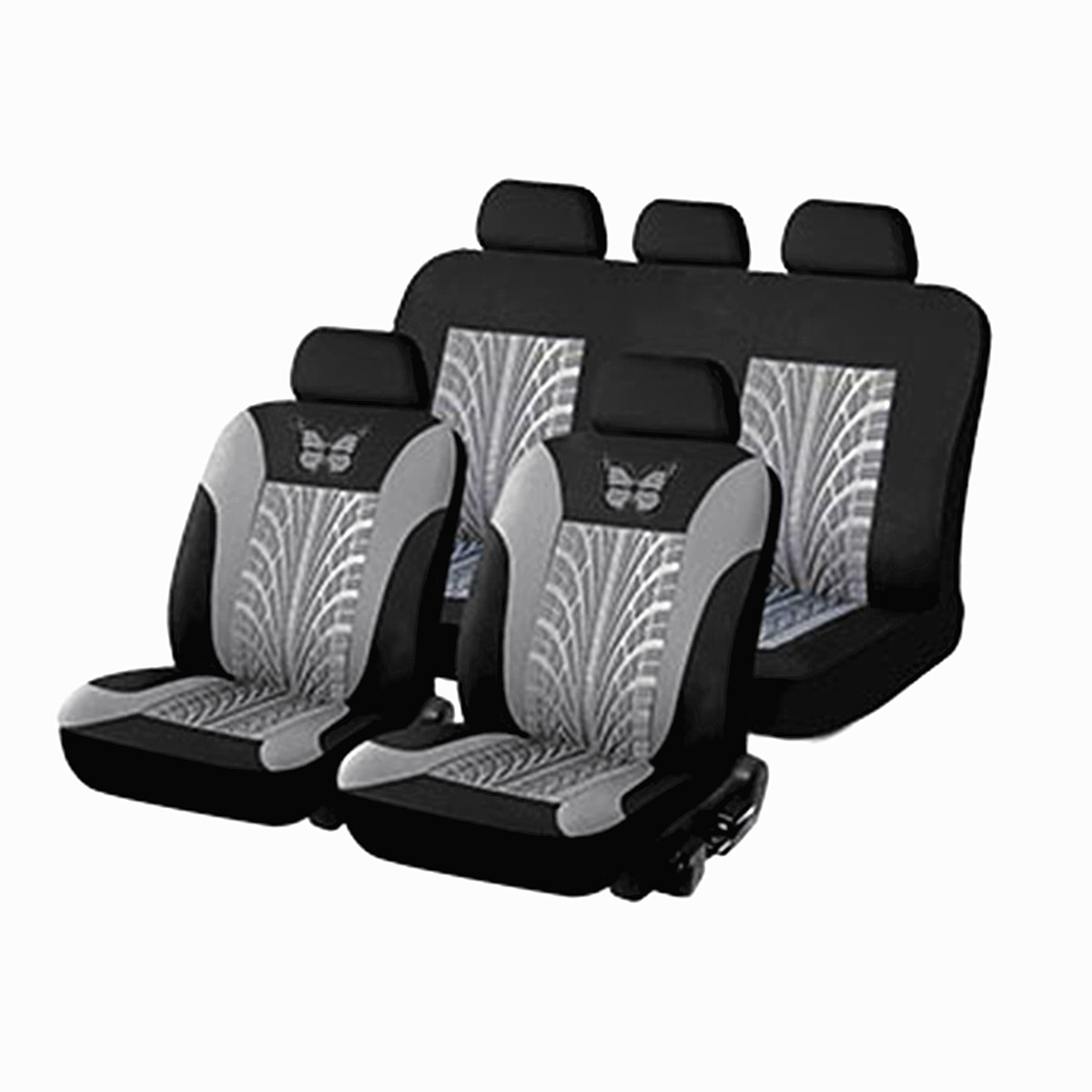 Black Gray Anti-Slip Car Seat Cover Cushion Protector Full Set with Embroidery Design
