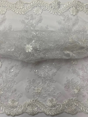 White Bridal corded Floral lace with sequin Fabric Sold By Yard 52'' Wide Elena