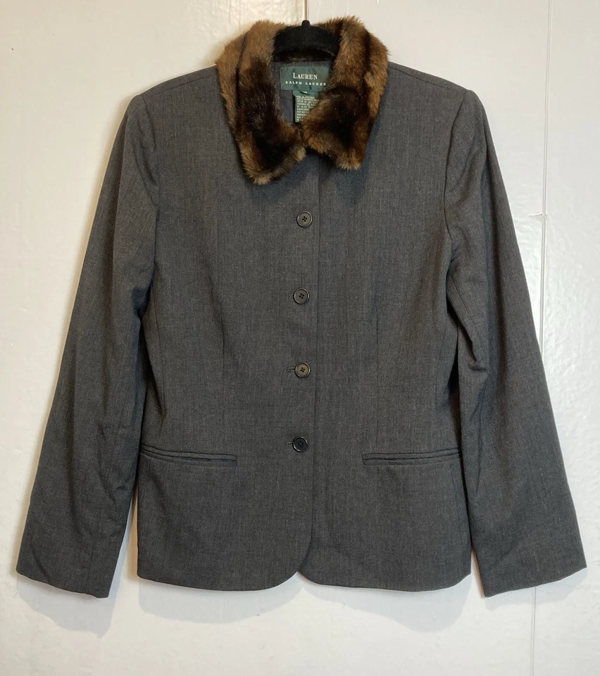 Chaqueta de lana vintage Lauren Ralph Lauren para mujer 10 gris carbón cuello de piel sintética Foto 2 de 4