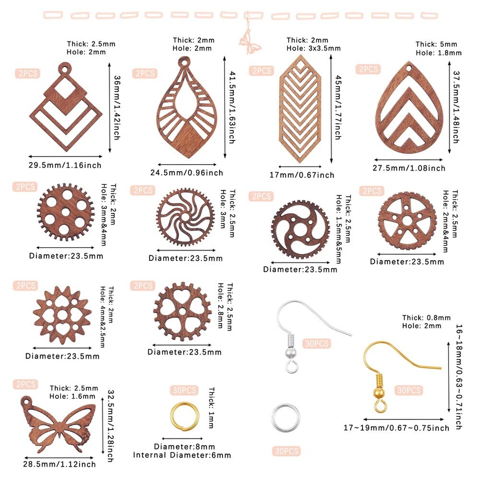 1 conjunto de brincos ganchos anéis de salto faça você mesmo madeira de nogueira kits de brinco pendurados 23,5x2mm - Imagem 3 de 4