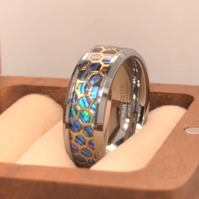 8mm Silver Tungsten Christmas Gifts Ring Honeycomb Pattern & Abalone Inlay Band