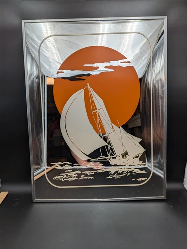 VTG MCM Large Orange Sailboat Picture Mirror INTERCRAFT Academy Arts 20x26"