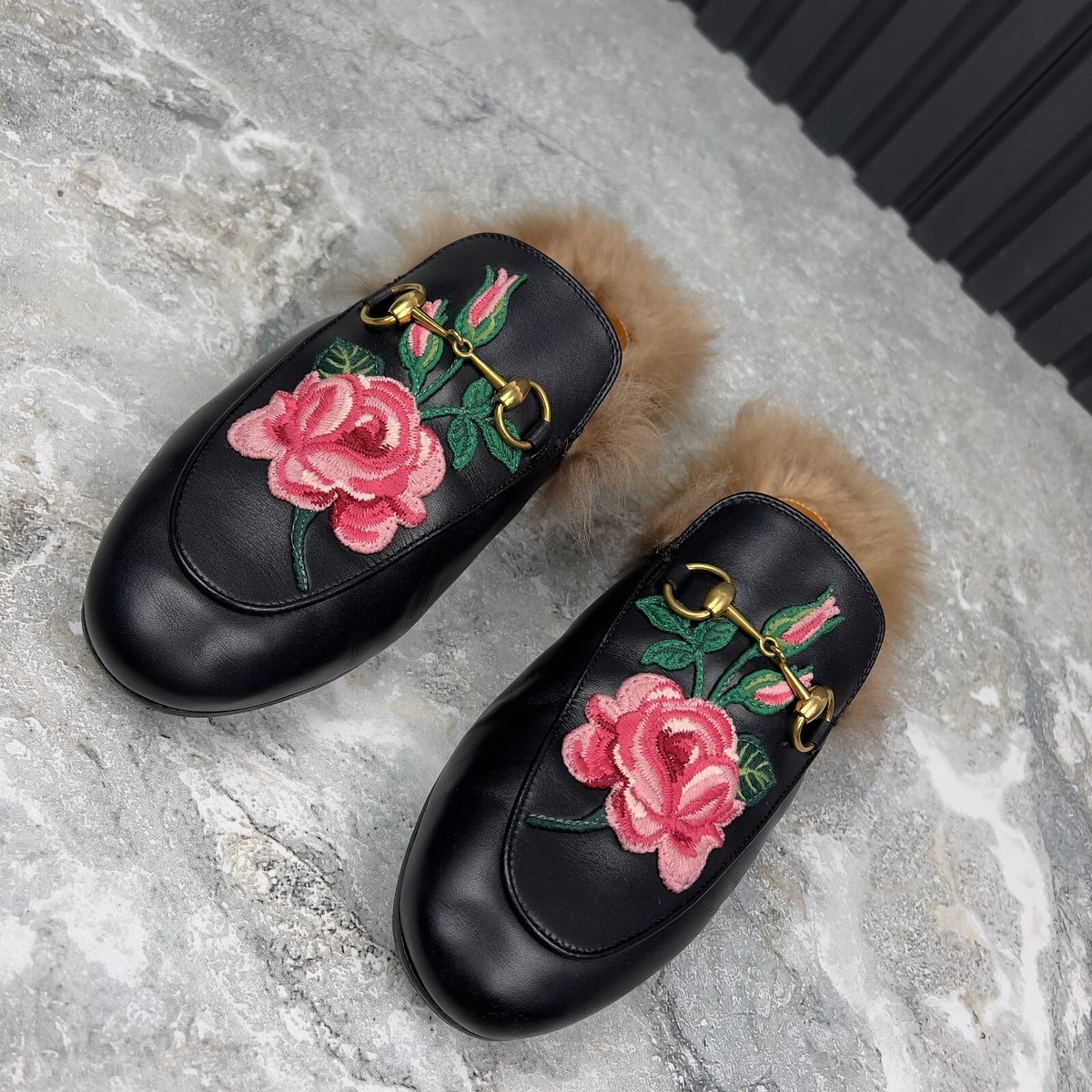Gucci Princetown Horsebit Slipper Fur Mule Embroid Black Leather 8